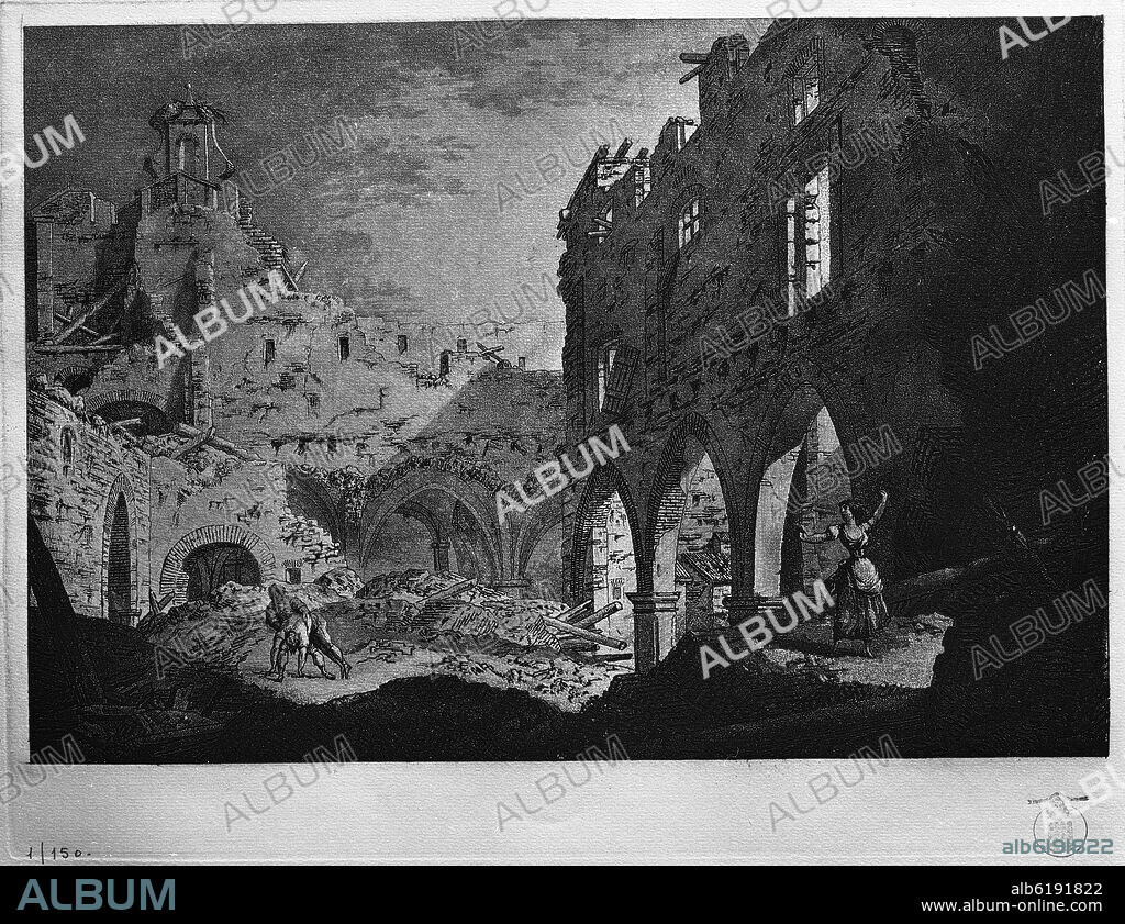 RUINAS - GRABADO DEL SIGLO XIX.