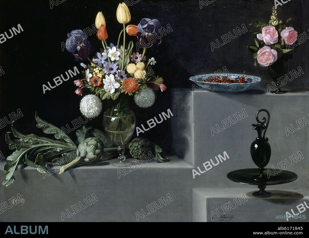 JUAN VAN DER HAMEN (1596-1631). NATURALEZA MUERTA CON ALCACHOFAS,CEREZAS Y JARROS DE FLORES - SIGLO XVII - BARROCO ESPAÑOL.