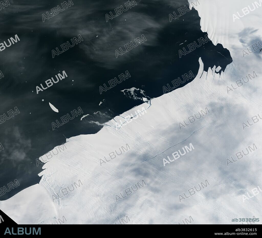 Pine Island Glacier, Antarctica, on January 26 2017, showing a small chunk of icebergs calving, captured by the Operational Land Imager (OLI) on Landsat 8. Much larger pieces of ice broke away in 2014 and 2015. Warm ocean water seems to be weakening the ice shelf. JG5746 shows the shelf on January 24, before calving.