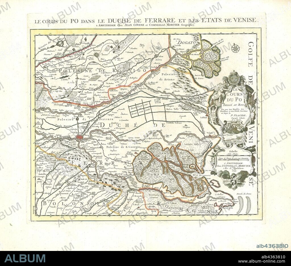 Map, Le cours du Po dans le duché de Ferrare et les etats de Venise, Placide de Sainte Hélène (1648-1734), Copperplate print.