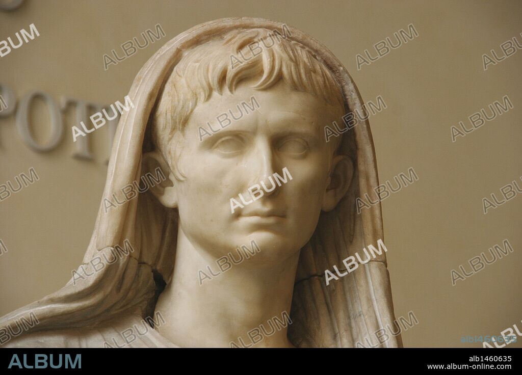 Augustus (61 BC-14 AD) as Pontifex Maximus. First emperor of the Roman Empire. Marble statue.  Roman National Museum. Rome. Italy.