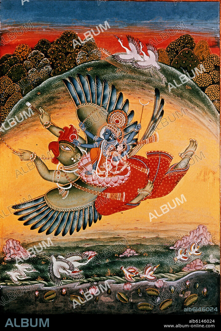 LAKSHMI Y VISNU TRANSPORTADOS POR EL PAJARO GARUDA - SIGLO XIX.