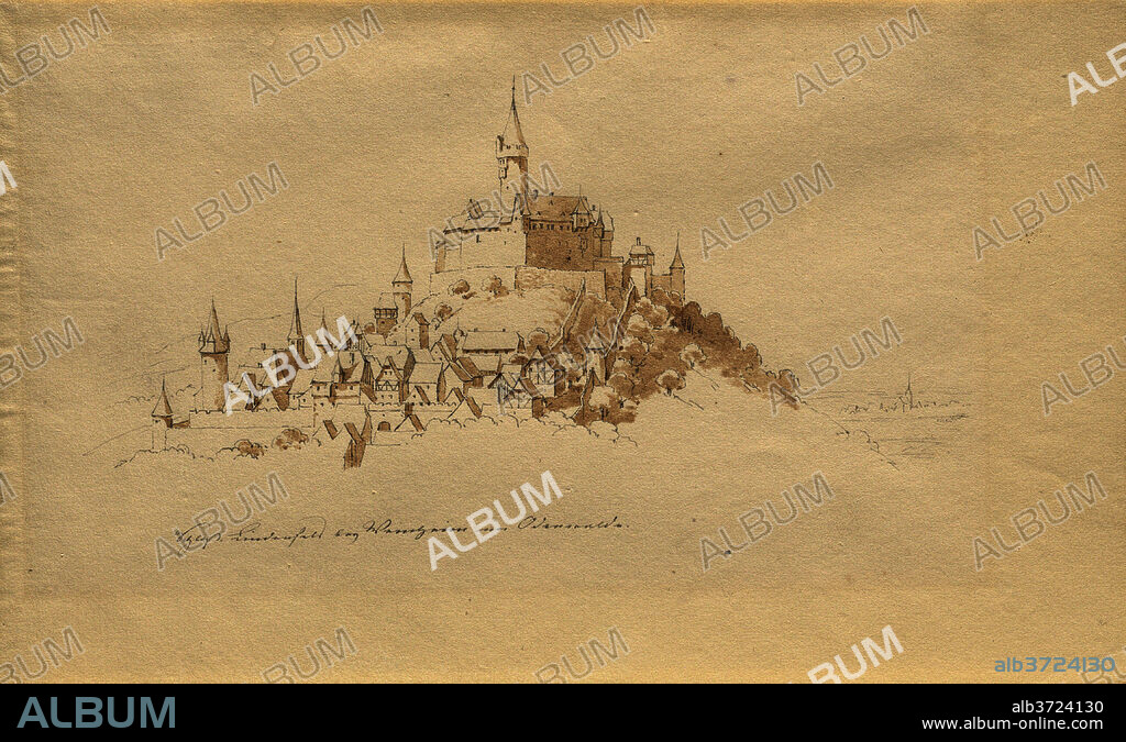 KARL JULIUS VON LEYPOLD. Schloss Lindenfels bei Weinheim im Odenwald. Dimensions: sheet: 12.4 × 20.2 cm (4 7/8 × 7 15/16 in.). Medium: graphite with brown wash on wove paper from a sketchbook.