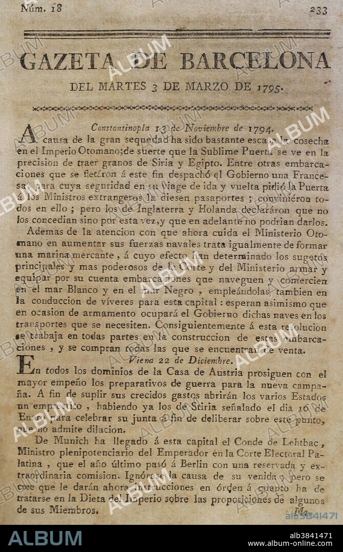 Gazeta de Barcelona, 3 de marzo de 1795. Núm. 18. Portada. Biblioteca Histórico Militar de Barcelona. Cataluña. España.