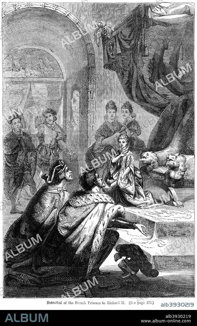 The betrothal of Isabella of Valois (1389-1409) to King Richard II (1367-1400), 1396. Richard was King of England from 1377 to 1399, having succeeding his grandfather Edward III to the throne. Upon his return from a second military expedition to Ireland in 1399, Richard found that Henry Bolingbroke, whom Richard had previously banished, had returned from exile and placed himself at the head of a formidable army. Richard was captured by Bolingbroke in Wales and brought captive to London, where he formally resigned his crown. On the following day his abdication was ratified by Parliament, which then confirmed Bolingbroke as King Henry IV. Richard was secretly confined in Pontefract Castle, where he either died of starvation or was murdered in February 1400. From Cassell's Illustrated History of England.