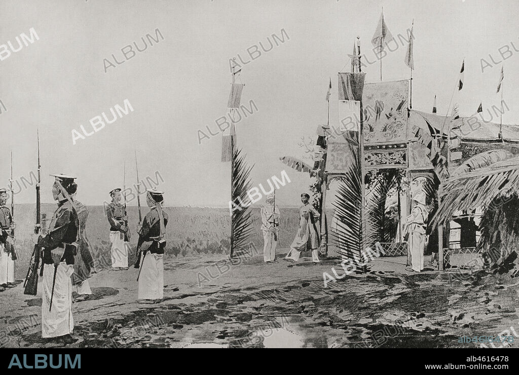 Thanh Thai (ruled 1889-1907). Emperor of Annam (Central Vietnam). Nguyen dynasty. Go Cong (Cochinchina). Visit of the Emperor Thanh Thai to the tombs of his ancestors. Photoengraving. La Ilustración Española y Americana, 1898.