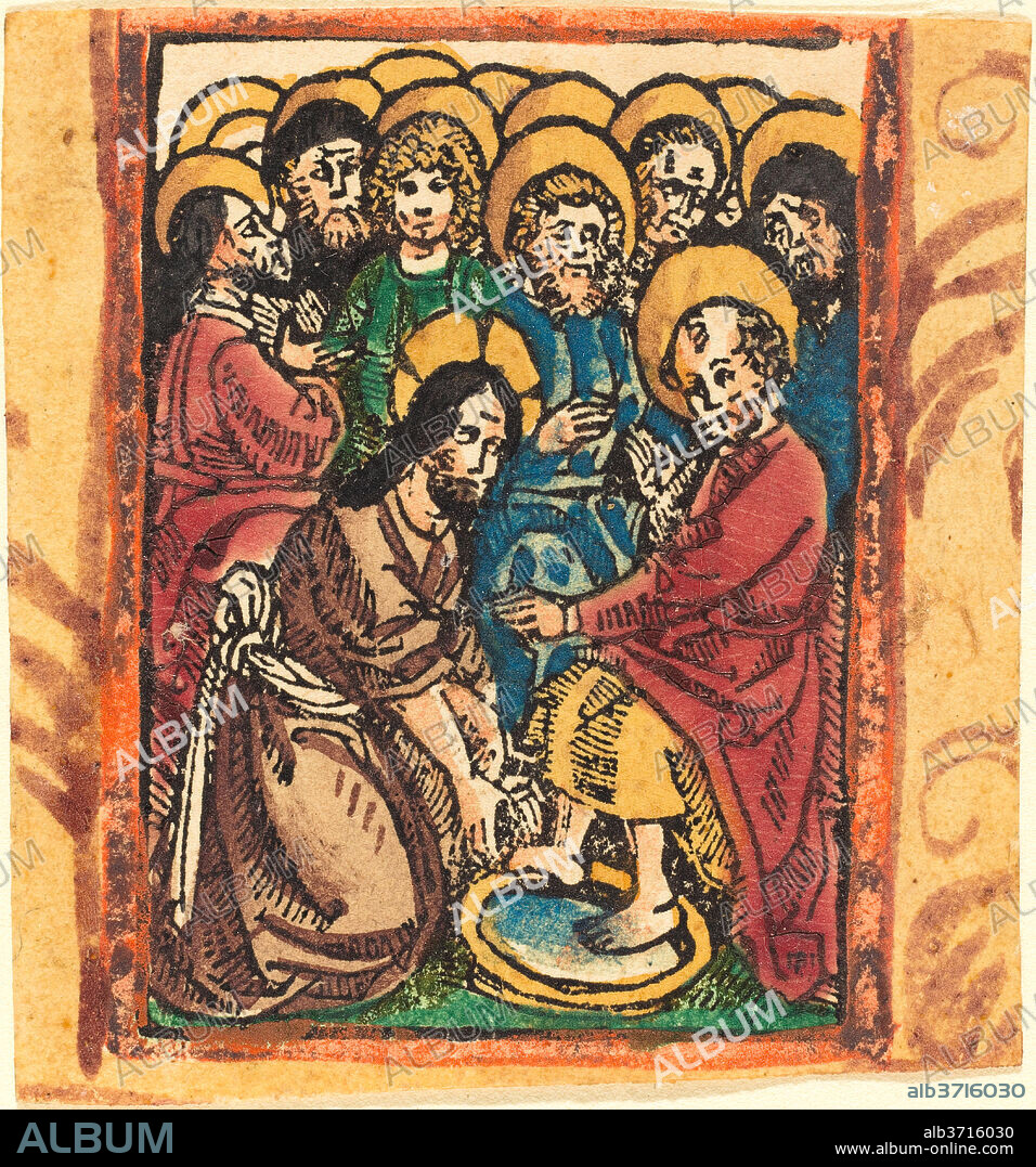GERMAN 15TH CENTURY. Christ Washing the Feet of the Apostles. Dated: c. 1490/1500. Medium: woodcut, hand-colored in red lake, dark blue, and lilac.