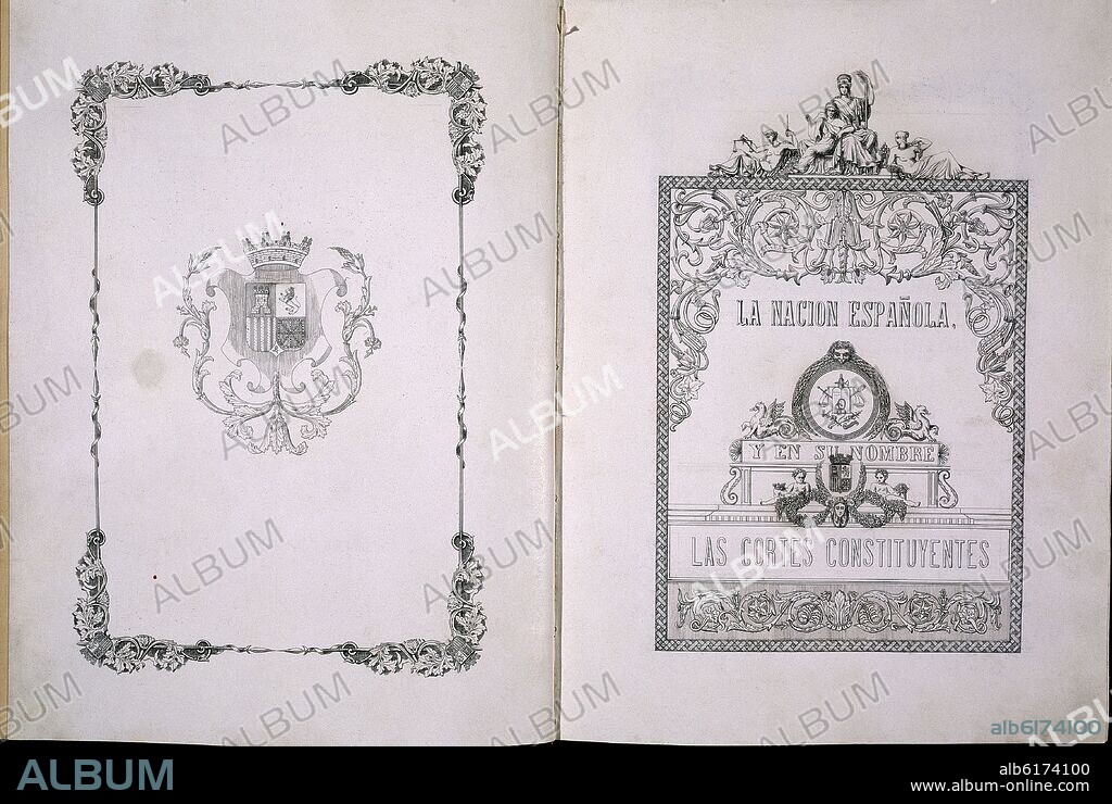CONSTITUCION DE 1869 - LA NACION ESPAÑOLA Y EN SU NOMBRE LAS CORTES CONSTITUYENTES - PORTADA Y CONTRAPORTADA.