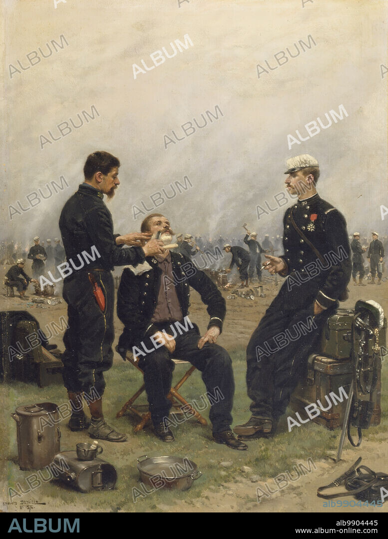 JEAN BAPTISTE EDOUARD DETAILLE. The Camp Barber, 1876. Detaille participated in several major battles during the Franco-Prussian War (1870-1871), and, after France's defeat, he continued to serve in the post-war "new army." In this peacetime scene of camp life, painted in 1876 while he was on maneuvers with the Third Corps of the army on the plains of Eure in northeastern France, he includes himself as the man smoking at the right.