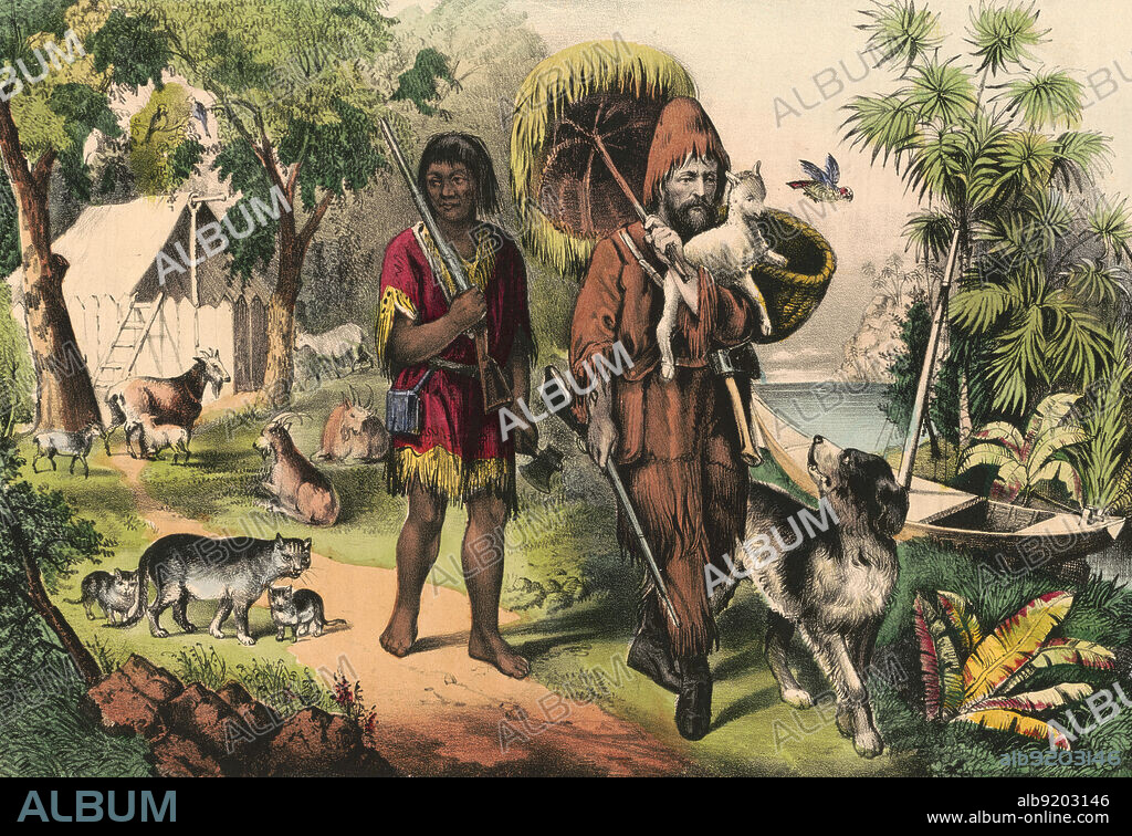 Robison Crusoe and his man Friday. Hand-colored lithograph, Currier & Ives, 1874.