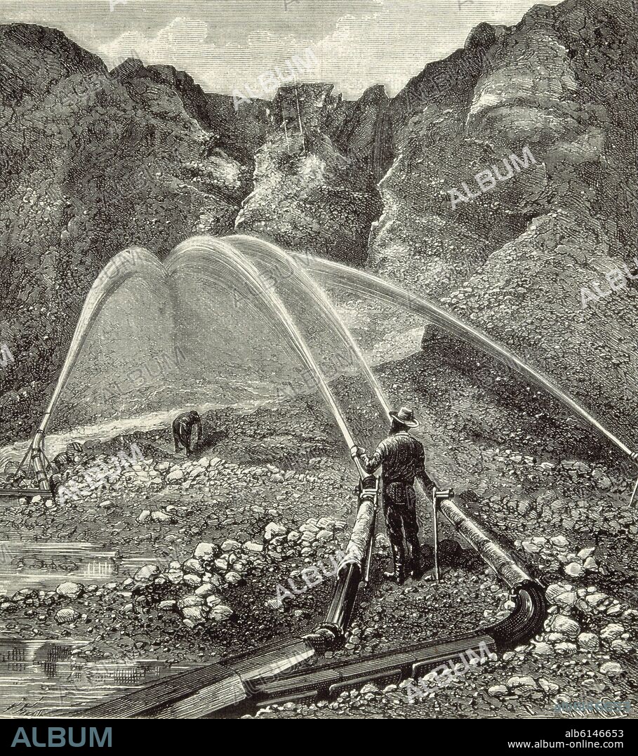 GRABADO-MINERO-LAVADO POR METODO HIDRAULICO-(CALIFORNIA).