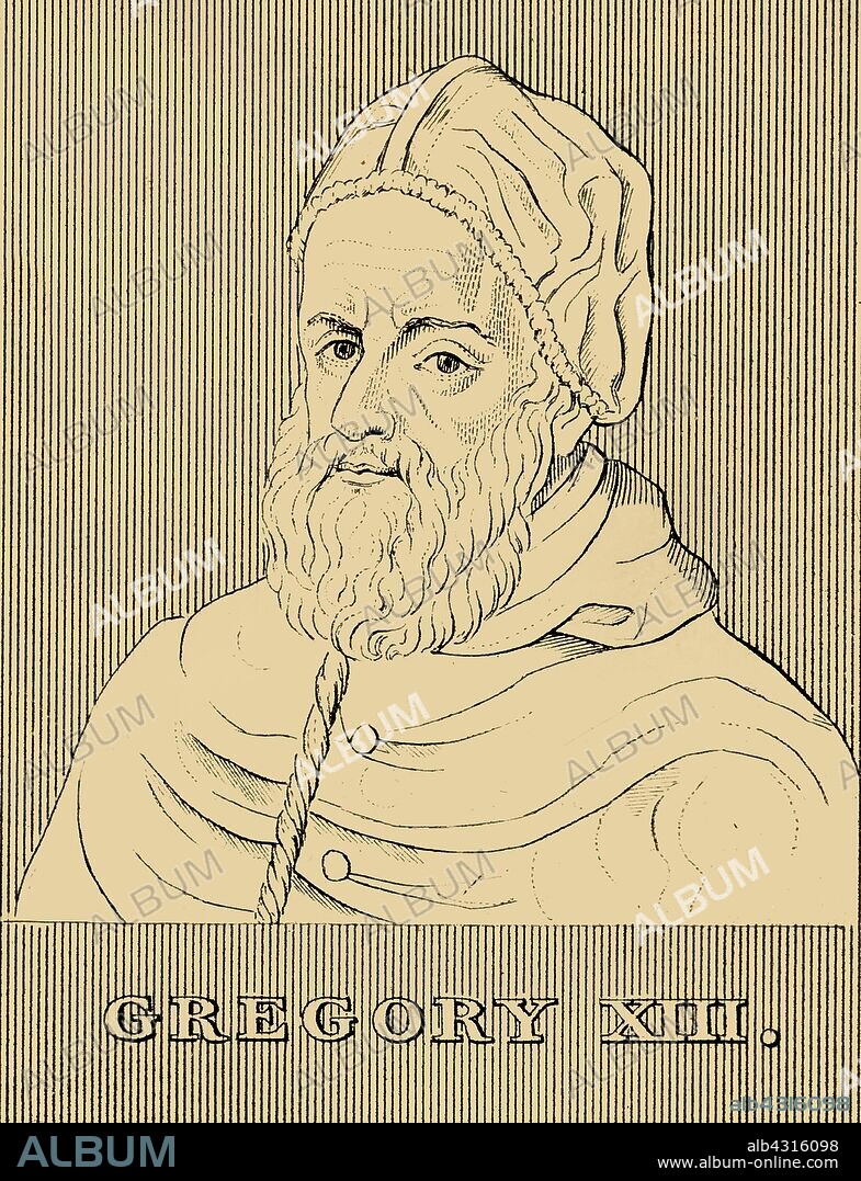 'Gregory XIII', (1502-1585), 1830. Pope Gregory XIII (1502-1585) born Ugo Boncompagni, was Pope of the Catholic Church from 13 May 1572 to his death in 1585 and is known for commissioning and being namesake for the Gregorian calendar.  From "Biographical Illustrations", by Alfred Howard. [Thomas Tegg, R. Griffin and Co., J. Cumming, London, Glasgow and Dublin, 1830].