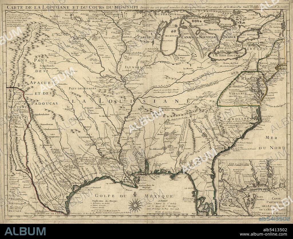 Carte de la Louisiane et du cours du Mississippi: dressée sur un grand nombre de mémoires entrautres sur ceux de Mr. le Maire,1718.  The Kingdom of France controlled the Louisiana territory from 1699 until it was ceded to Spain in 1762. The Louisiana territory included land from fifteen present U.S. states and two Canadian provinces. The territory contained land that forms Arkansas, Missouri, Iowa, Oklahoma, Kansas, and Nebraska; the portion of Minnesota west of the Mississippi River; a large portion of North Dakota; a large portion of South Dakota; the northeastern section of New Mexico; the northern portion of Texas; the area of Montana, Wyoming, and Colorado east of the Continental Divide; Louisiana west of the Mississippi River (plus New Orleans); and small portions of land within the present Canadian provinces of Alberta and Saskatchewan. Guillaume Delisle (February 28, 1675 - January 25, 1726) was a French cartographer known for his popular and accurate maps of Europe and the newly explored Americas.  His 1718 Carte de la Louisiane is an example of French cartography at its height.