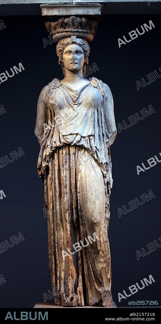 The Erechtheum Caryatid. Greek (409 BC). Female figure carved into a marble column. From a group of 'Korai' or 'maidens'. (Photo by: Universal History Archive/UIG via Getty Images).