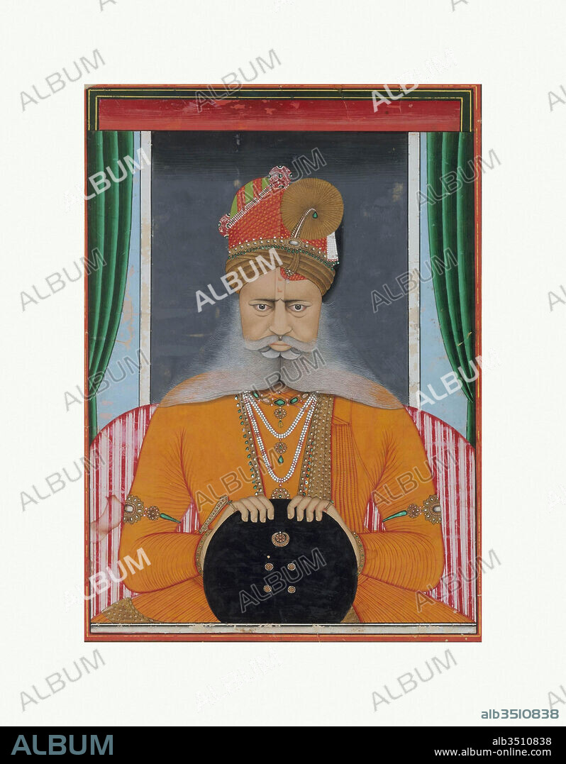 Maharaja Sardar Singh of Bikaner, ca. 1860–70, India (Rajasthan, Bikaner), Opaque watercolor, ink, and gold on paper, 16 x 12 in. (40.6 x 30.5 cm), Paintings, Chotu, Maharaja Sardar Singh (r. 1851–72) is captured here in an extraordinary portrait whose creator was undoubtedly aware of the inroads photography was making among royal patrons. At first glance, the work seems one of almost photographic realism.