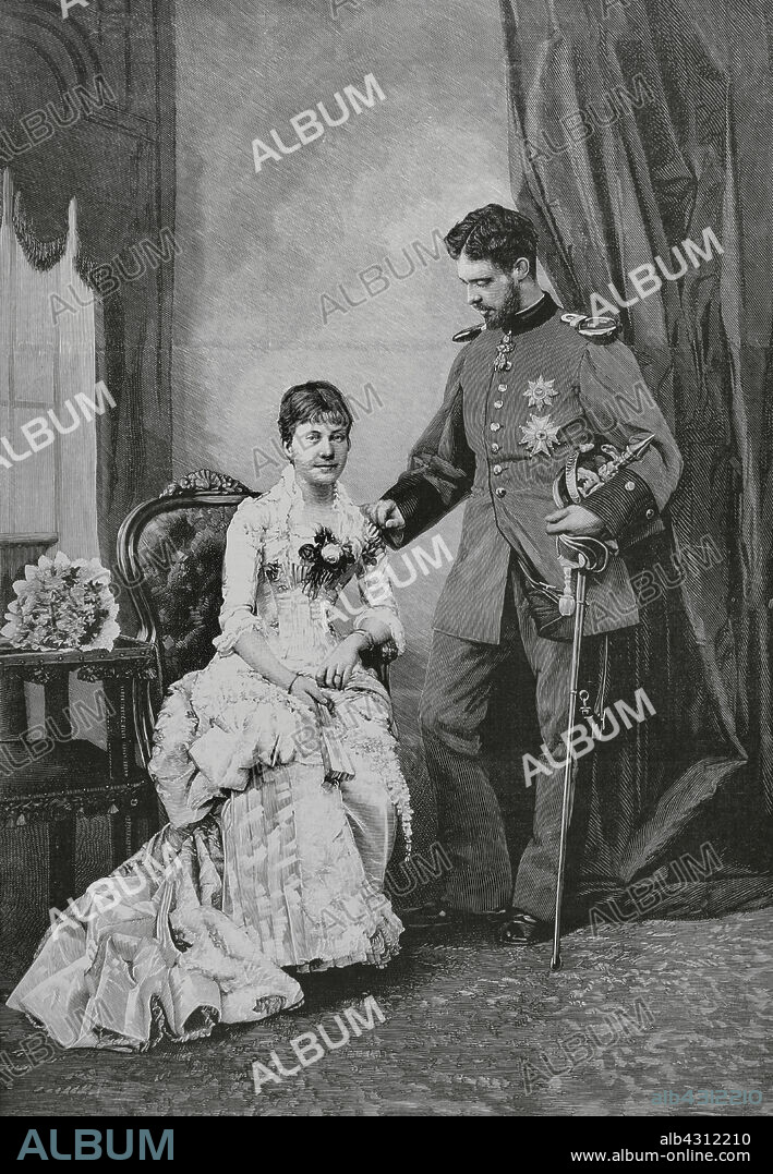 ARTURO CARRETERO (CA. 1852-1903). SPANISH ENGRAVER.. Paz de Borbón (María de la Paz de Borbón) (1862-1946). Infanta de España. Princesa de Baviera por su matrimonio, el 2 de abril de 1883, con su primo hermano, el príncipe Luis Fernando de Baviera (1859-1949). Infanta Paz de Borbón y su futuro esposo, el príncipe de Baviera. Grabado por Arturo Carretero (1852-1903). La Ilustración Española y Americana, 22 de febrero de 1883.