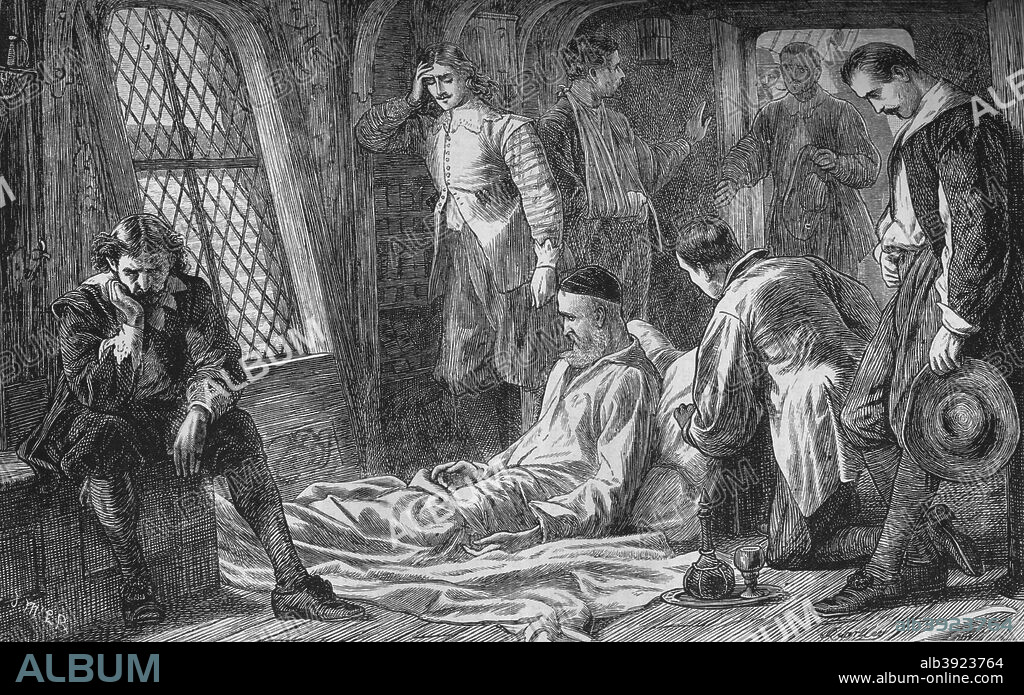 'Death of Admiral Blake', 7 August 1657, (c1880). Robert Blake (1598-1657) was an important military commander of the Commonwealth of England and one of the most famous English admirals of the 17th century. He died of old wounds within sight of Plymouth and after lying in state in the Queen's House, Greenwich was given a full state funeral then buried in Westminster Abbey. From British Battles on Land and Sea, Vol. I, by James Grant. [Cassell Petter & Galpin, London, Paris & New York, c1880].