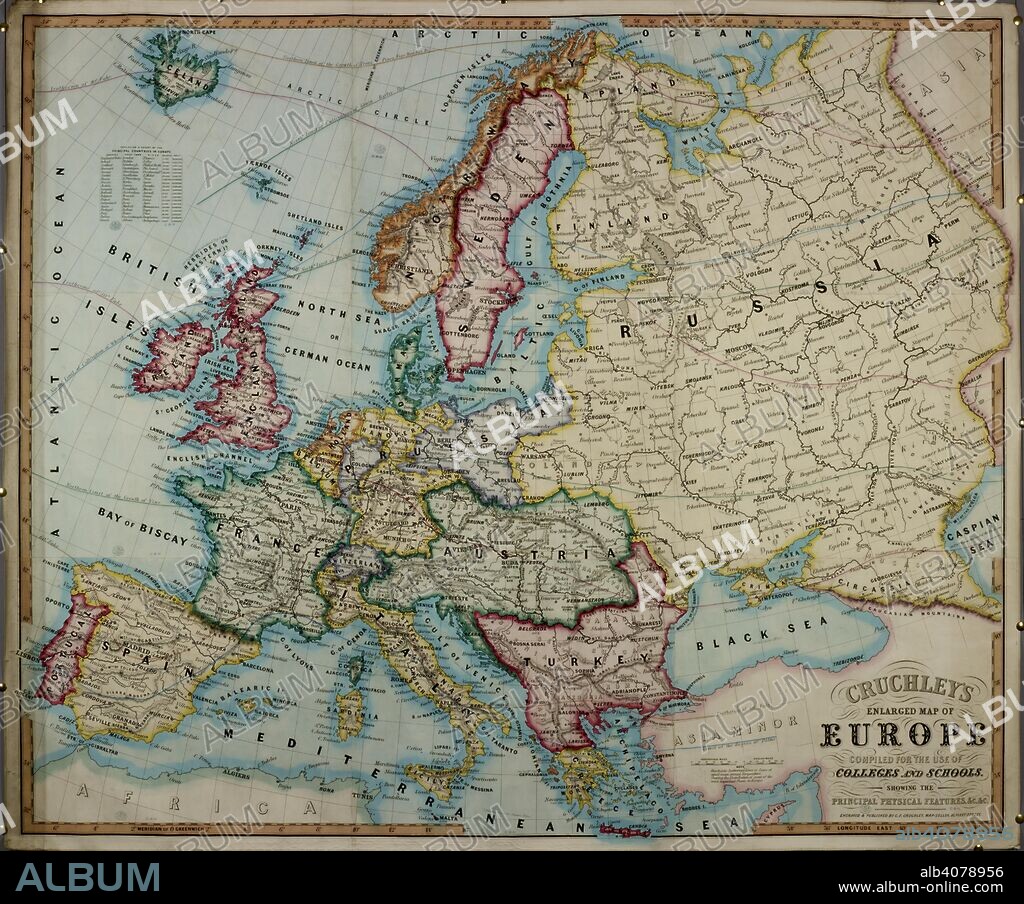 GEORGE FREDERICK CRUCHLEY. A 19th century coloured map of Europe, compiled for use in colleges and schools. Cruchley's enlarged Map of Europe. Compiled for the use of Colleges and Schools, showing the principal physical features, etc. [London]: engraved and published by G.F. Cruchley, map seller, 81 Fleet Street, 1851. 1 map on 9 Sheets joined: hand col. ; 171 x 208 cm. Source: Maps Roll 167 or Maps S.T.E.167.