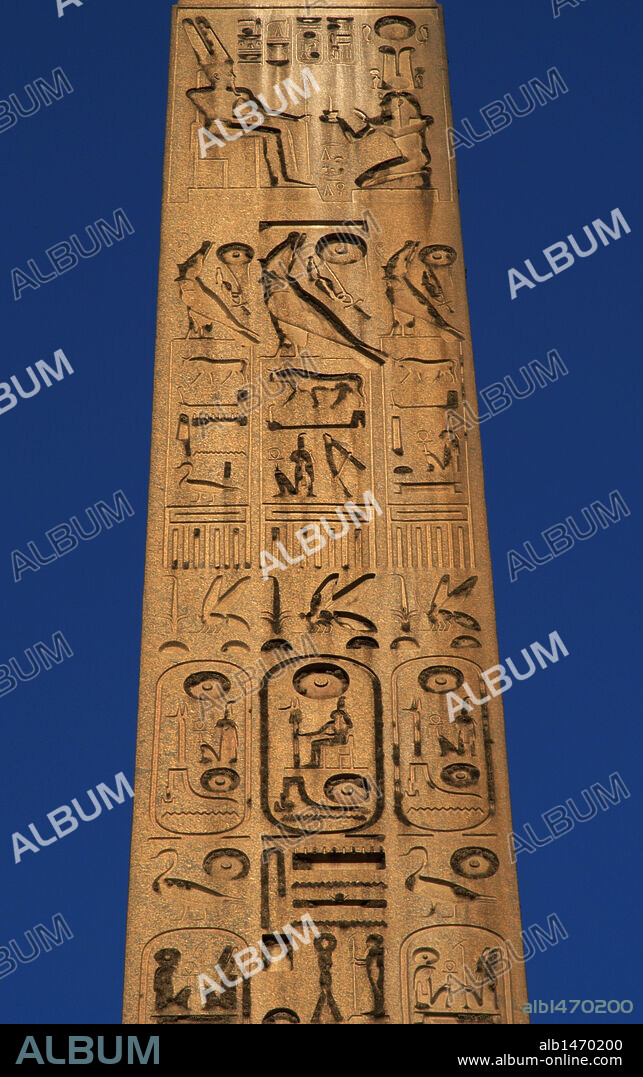 Egypt. Hieroglyphic writing. Obelisk of Ramesses II (1300-1213, reign 1279-1213 b.C.). Detail. Temple of Luxor. Dynasty XIX. New Kingdom. Ancient Thebes "Waset".