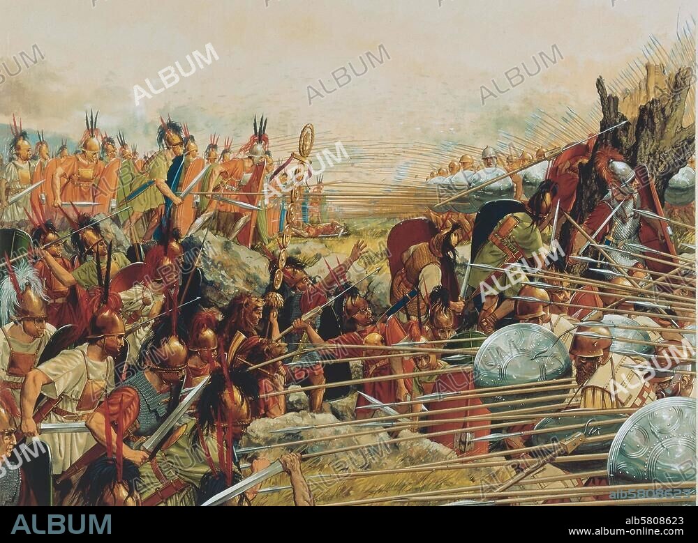 3. Makedonischer Krieg (Krieg König Perseus von Makedonien gegen Rom) 171 - 168 v. Chr. Schlacht von Pydna, 22. Juni. 168. Sieg des röm. Heeres unter Aemilius Paullus über König Perseus (Ende d. makedonischen Selbständigkeit). - Römische Legionäre durchbrechen die makedonische Phalanx.- / Aquarell, undat., von Peter Connolly (1935-2012).