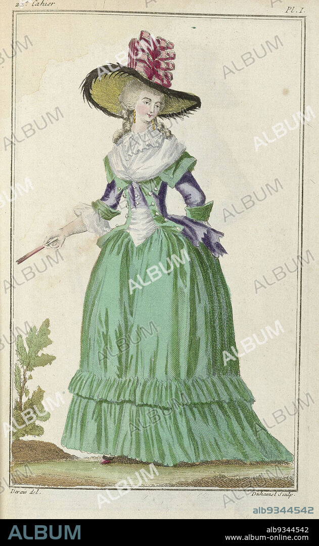 Cabinet des Modes ou les Modes Nouvelles, 1 Octobre 1786, pl. I, Caraco à la Cauchoise. According to the accompanying text, the woman is dressed in a purple 'caraco à la Cauchoise' with apple-green collar and lapels, on a matching skirt with drag. Pleated collar and cuffs. Accessories: top hat trimmed with fur and decorated with ribbon, earrings, fichu, fan, shoes. The print is part of the 22nd Cahier from the series Cabinet des Modes ou les Modes Nouvelles. The series consists of 72 fashion prints, published by Buisson, Paris, November 15, 1785 - November 1, 1786., print maker: A.B. Duhamel, intermediary draughtsman: Derais, Paris, 1786, paper, engraving.