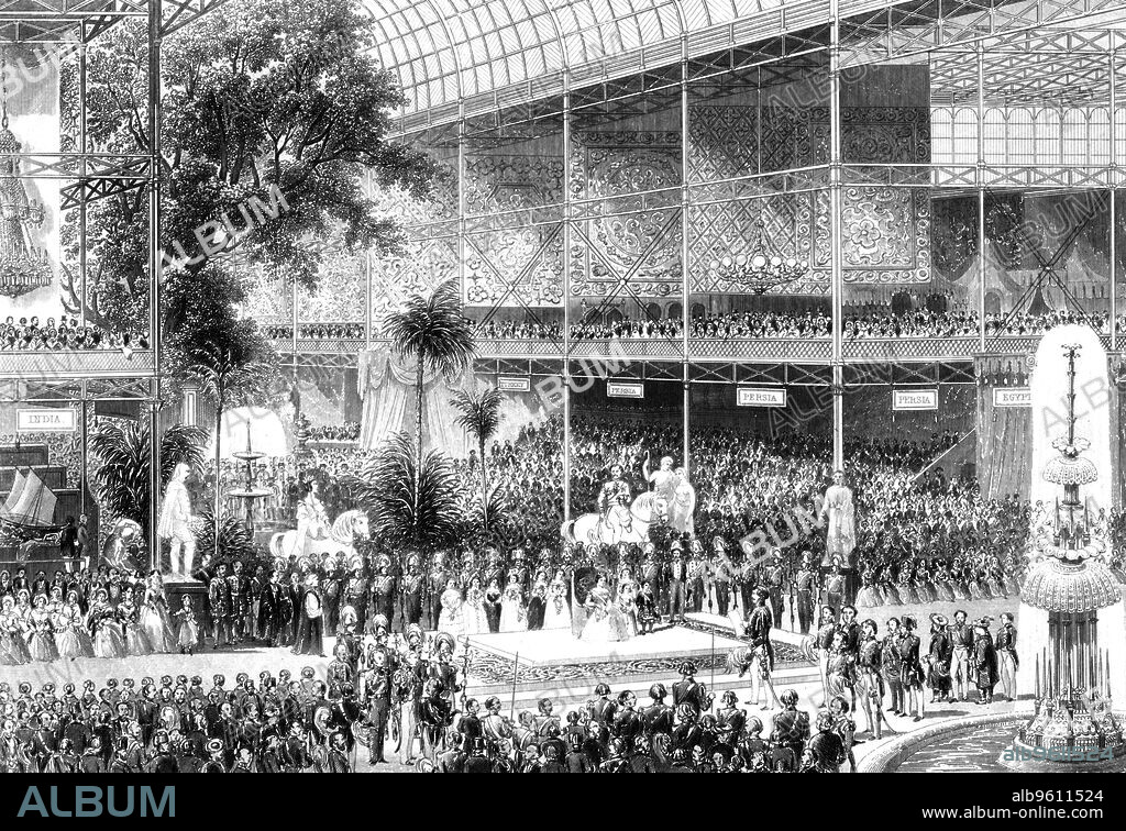 Queen Victoria opening the Great Exhibition, Crystal Palace, London, 1 May 1851. Conceived by Prince Albert, the Great Exhibition was intended to showcase the 'Works of the Industry of all Nations'. It was housed in the purpose-built Crystal Palace, the first large-scale prefabricated ferrovitreous (iron and glass) structure, designed by the landscape designer, Joseph Paxton. The prefabricated design made the construction, and later dismantling of the building, easier and quicker.