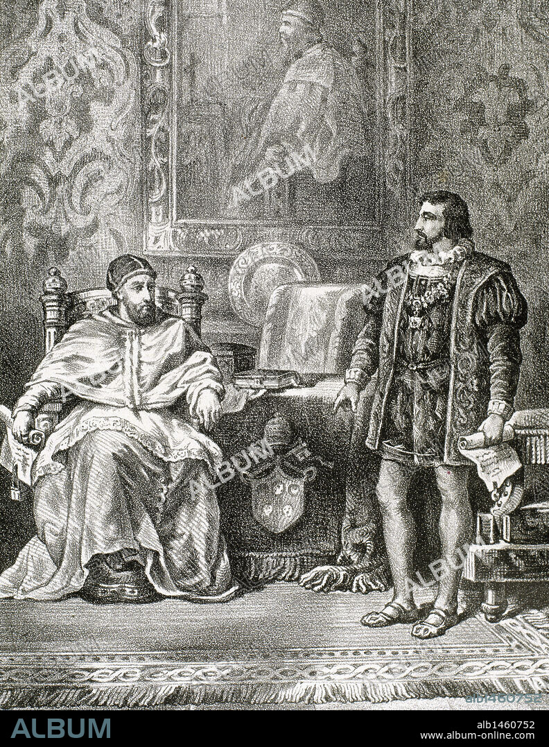 CLEMENTE VII (1478-1534). Papa italiano, de nombre Giulio de Médici (1523-1534). 'ENTREVISTA ENTRE CLEMENTE VII Y EL REY FRANCISCO I DE FRANCIA (1515-1547) '. S. XVI. Grabado S. XIX.
