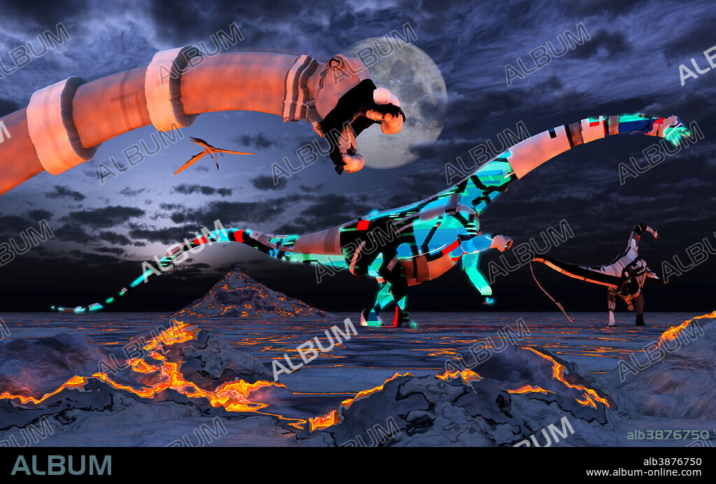 A sci-fi scene of a group of robotic sauropod dinosaurs, known as Saurobots.