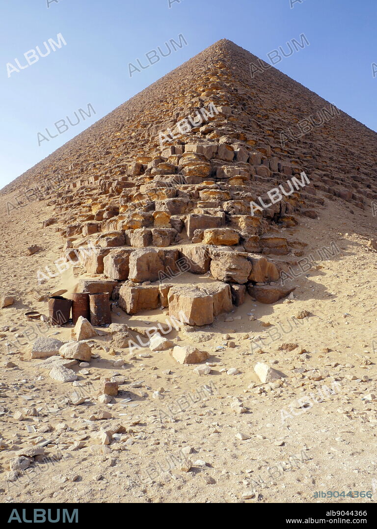 The Red Pyramid, (North Pyramid), is the largest of the three major pyramids located at the Dahshur necropolis in Cairo, Egypt. Named for the rusty reddish hue of its red limestone stones, it is also the third largest Egyptian pyramid, after those of Khufu and Khafra at Giza. It is also believed to be Egypt's first successful attempt at constructing a "true" smooth-sided pyramid. The Red Pyramid was the third pyramid built by Old Kingdom Pharaoh Sneferu, the founding monarch of the 4th dynasty during the Old Kingdom. suggesting a reign from around 2613 BC to 2589 BC.