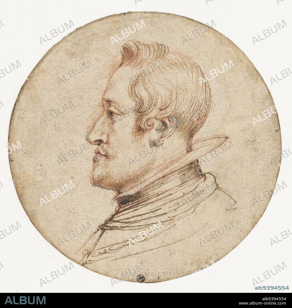 Portrait of Charles, Archduke of Austria and Infante of Spain (?) (Don Carlos), Peter Paul Rubens, 1587 - 1640, Don Carlos was the second son of King Philip III. He was two years younger than his brother, King Philip IV, whom he adored. He died at the age of 25. Rubens painted him in the half-side during his stay in Madrid in 1628, but it is not certain when this drawn portrait was created., draughtsman: Peter Paul Rubens, 1587 - 1640, paper, pen, brush, d 105 mm.