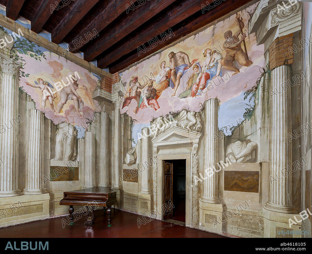 Lonedo di Lugo of Vicenza, Villa Godi Malinverni: the Room of Olympus. Some gods and goddesses are lying on clouds, above architectural ruins. In the centre Jupiter and Juno, then Cybele (goddess of architecture with a tower on the head), Ceres (goddess of harvest with a bundle of ears), Mercury, Cronus (god of time with the scythe), Diana (goddess of hunting with the bow). Frescoes by Giovanni Battista Zelotti, ca 1557.