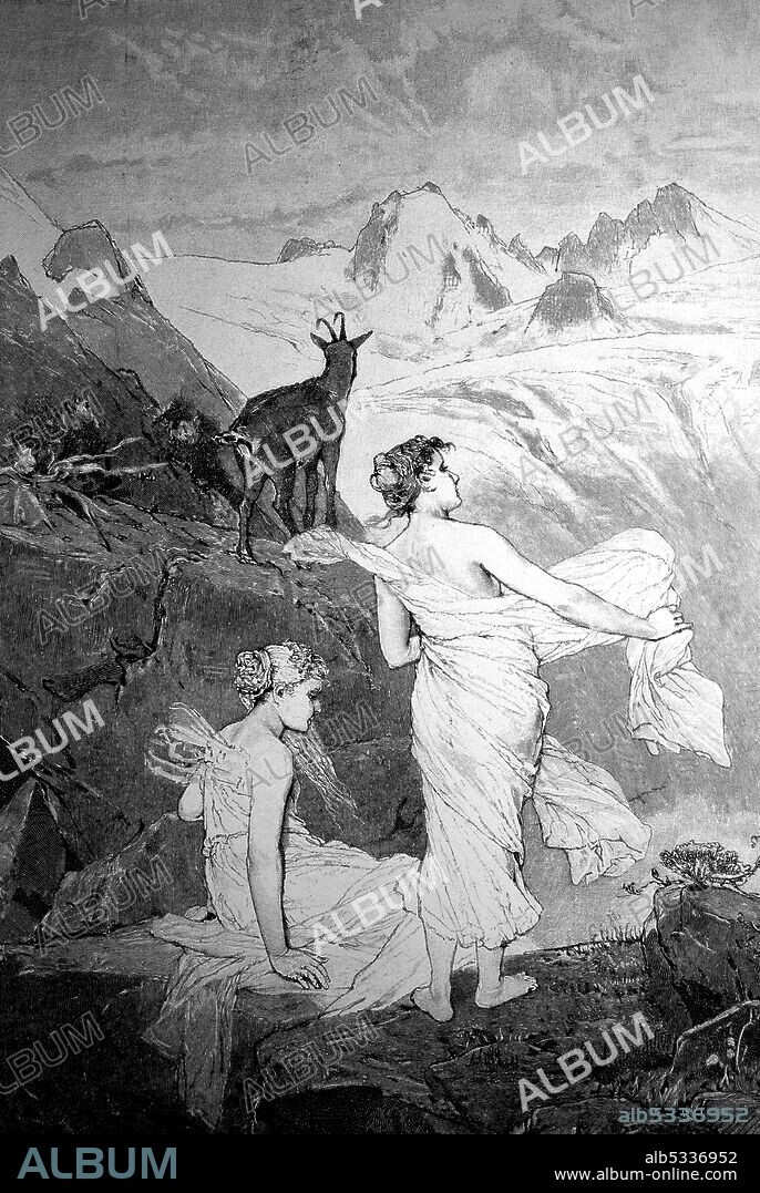 Salige women, also called Salkweiber, Salaweiber, wild or white women are figures of the legends mainly of the Alpine region, Austria, in the year 1880  /  Salige Frauen, auch genannt Salkweiber, Salaweiber, wilde oder weiße Frauen sind Gestalten der Sagenwelt vorwiegend der Alpenregion, Österreich, im Jahre 1880, Historisch, historical, digital improved reproduction of an original from the 19th century / digitale Reproduktion einer Originalvorlage aus dem 19. Jahrhundert,.