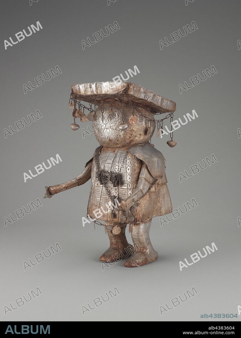human figure, Fon people, Kingdom of Dahomey, Fon people, Kingdom of Dahomey, 1920-1950, wood, aluminum, 18 x 9-1/2 x 10-1/2 in., African Art.