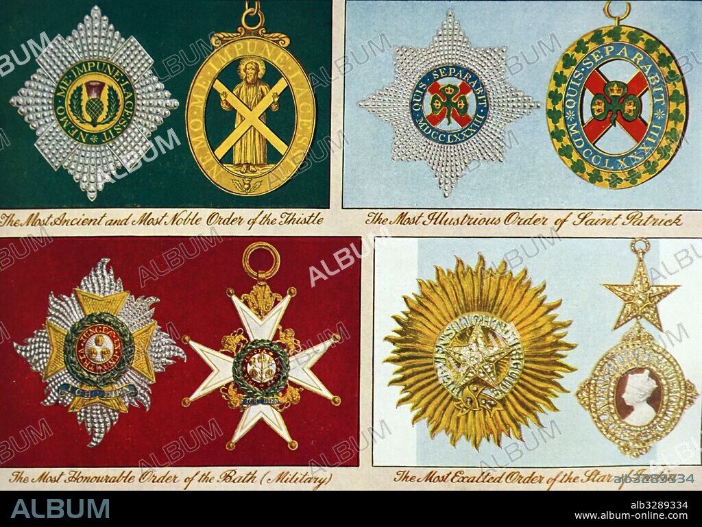 British orders and medals: Top Left; Order of the Thistle; Top right: Order of Saint Patrick; Bottom Right: Star of India; Bottom left: Order of the Bath. 1950.