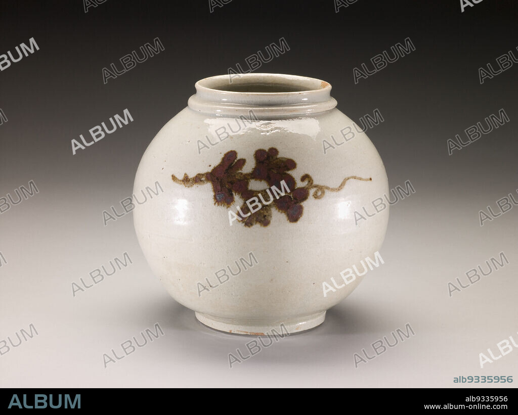 Jar with Design of Grapevines, Korean, Joseon dynasty, 13921910, 19th century, Stoneware with underglaze copper red and iron brown decoration, Made in Korea, Asia, Ceramics, 7 3/4 x 7 3/4 in. (19.7 x 19.7 cm).