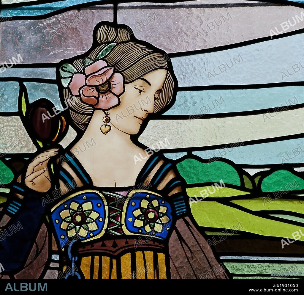 Domènech House (now Museum Cerdanyola), detail of the triptych "Ladies Cerdanyola" Modernism, 1910. Alsatian glazier work attributed to Ludwig von Dietrich Bearn, Cerdanyola de Valles, Barcelona.