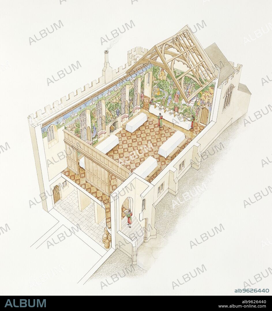 STEPHEN CONLIN. Great hall of Farleigh Hungerford Castle, Somerset, 15th century (2005-2006). Aerial view cutaway reconstruction drawing of hall, hung with tapestries.