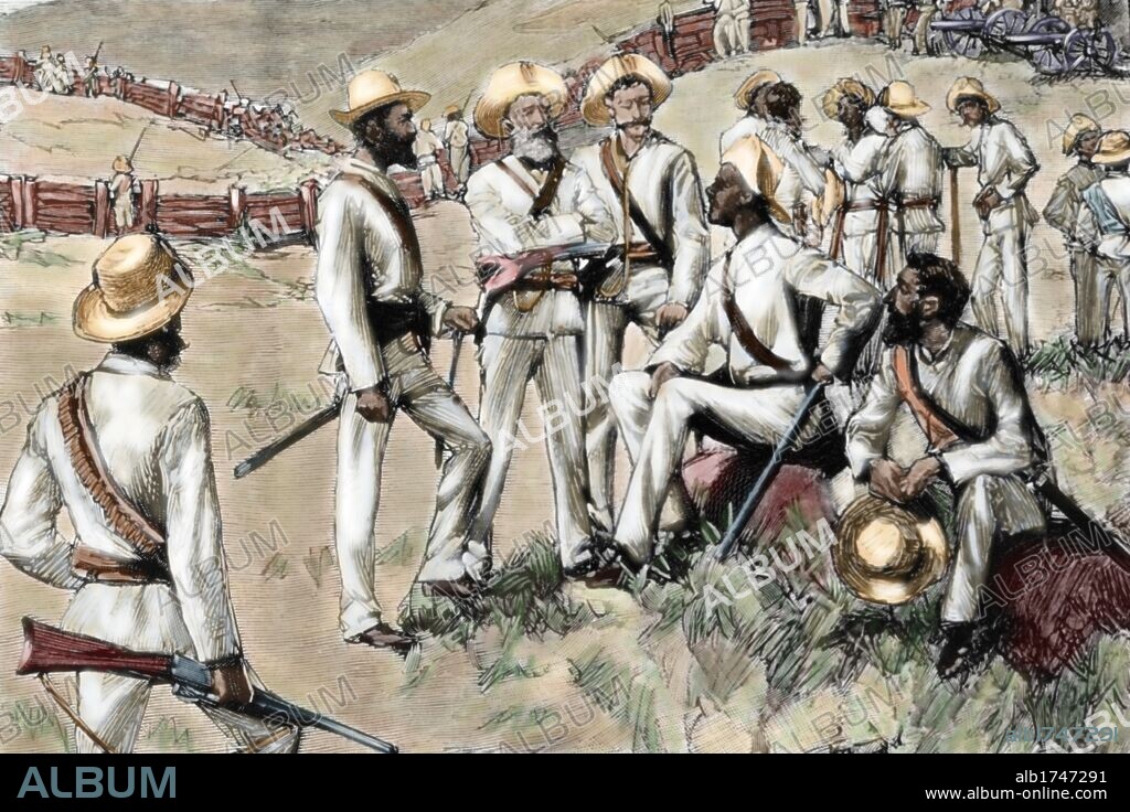 Cuban War of Independence (1895-1898) against Spain. Command post in Santa Clara. Insurgents led by Maximo Gomez. Colored engraving.