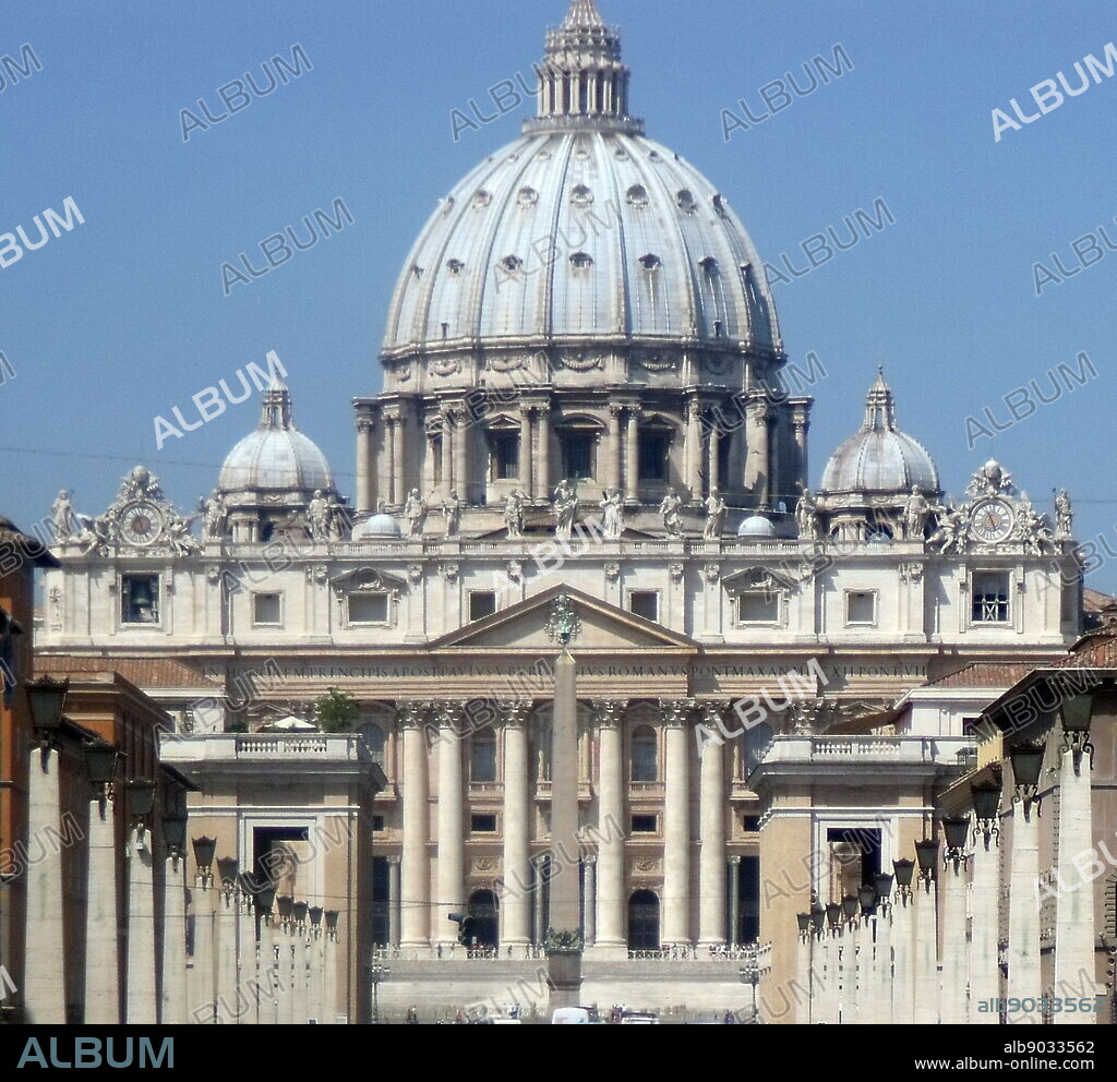Saint Peter's Square or the Piazza San Pietro, a large plaza which stands in front of St. Peter's Basilica in the Vatican City, Italy. Placed in the centre is a 4,000 year-old Egyptian obelisk, which was places there in 1568. The actual square was designed by Gian Lorenzo Bernini almost 100 years later. The square also has 2 matching granite fountains, constructed by Carlo Maderno around 1613 and Bernini in 1675. This image shows St. Peter's Basilica from the plaza.
