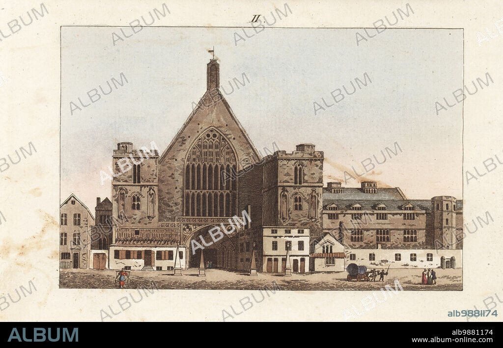 View of Westminster Hall, London. Arched entrance porch to the Gothic style hall, part of the ancient Palace of Westminster, built in 1097. Now part of the Houses of Parliament. Handcoloured copperplate engraving from Carl Bertuch's Bilderbuch fur Kinder (Picture Book for Children), Weimar, 1813. A 12-volume encyclopedia for children illustrated with almost 1,200 engraved plates on natural history, science, costume, mythology, etc., published from 1790-1830.