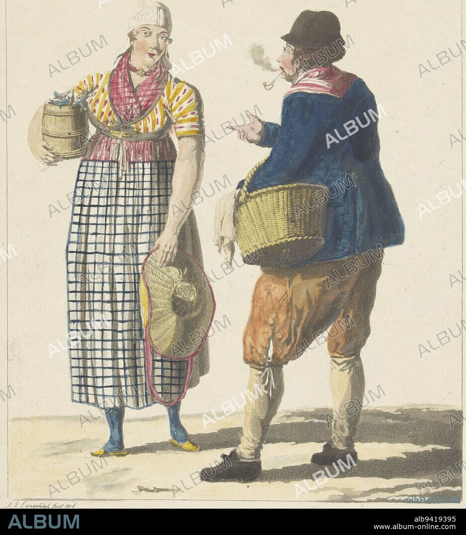 A fishmonger and fishwife are having a conversation. The woman on the left is wearing a keg with fish and a straw hat. The pipe-smoking man on the right has a basket on his arm, Vlaardingse visserstypen Vlaardinsche Haring Visscher, and Boerin., print maker: Jan Anthonie Langendijk Dzn, (mentioned on object), 1816, paper, h 222 mm × w 135 mm.