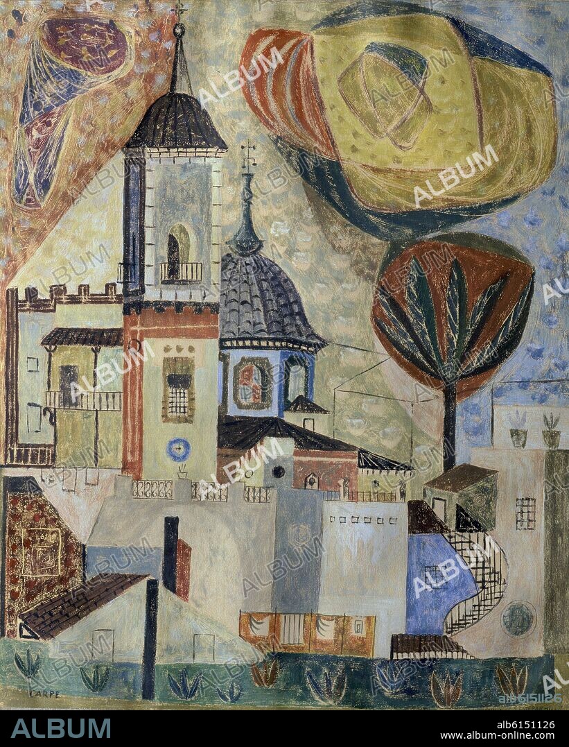 ANTONIO HERNÁNDEZ CARPE. IGLESIA DE SAN ESTEBAN DE MURICA - SIGLO XX - OLEO/PAPEL -  83X70 CM.