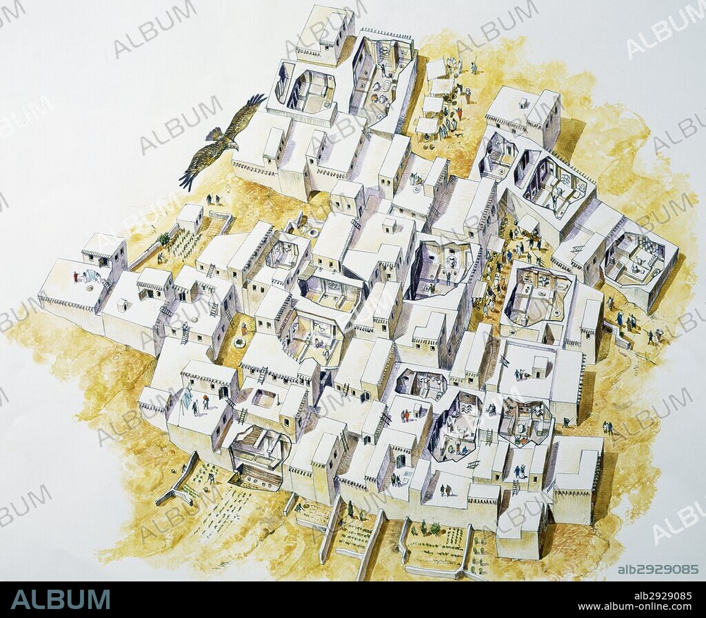 The city of Catal Huyuk, with its one-room houses which were accessed from the roof, drawing, Turkey. VII-VI millennium BC.
