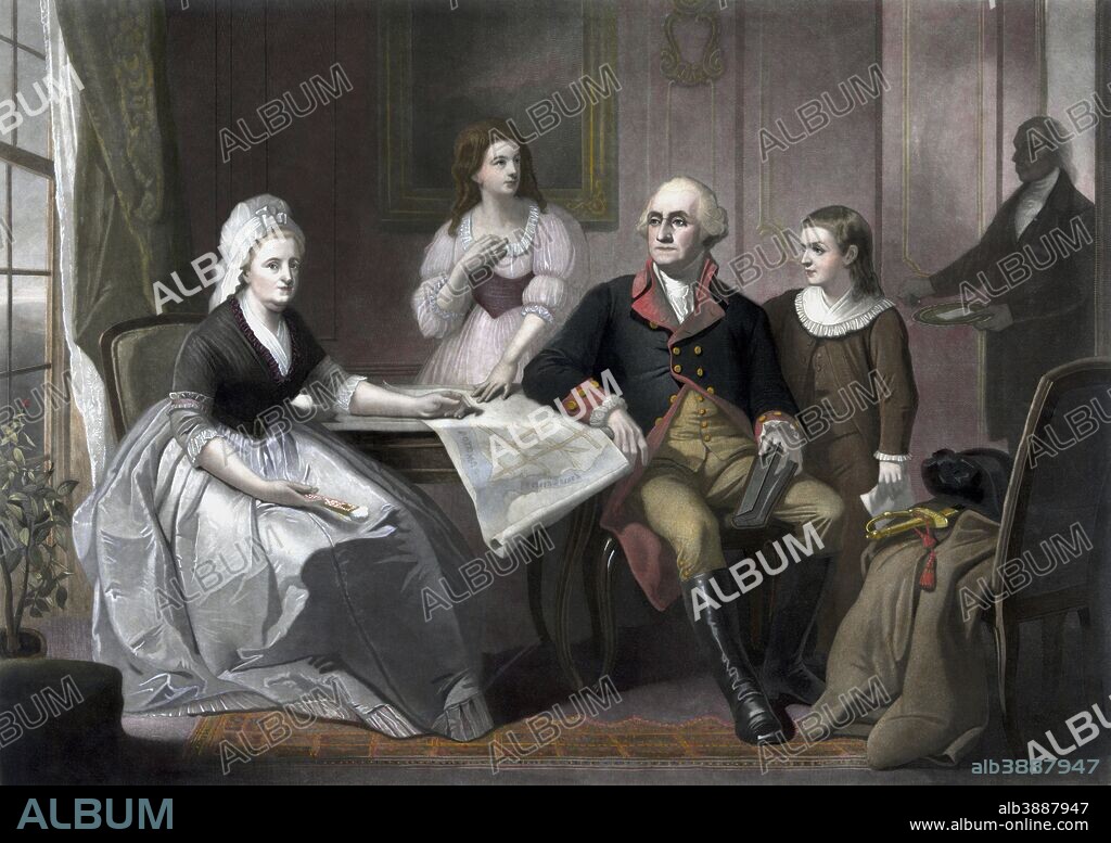 Vintage American history print of George and Martha Washington, George Washington Parke Custis, and Nelly Custis. The Washington family is seated at a table and a servant is entering the room.