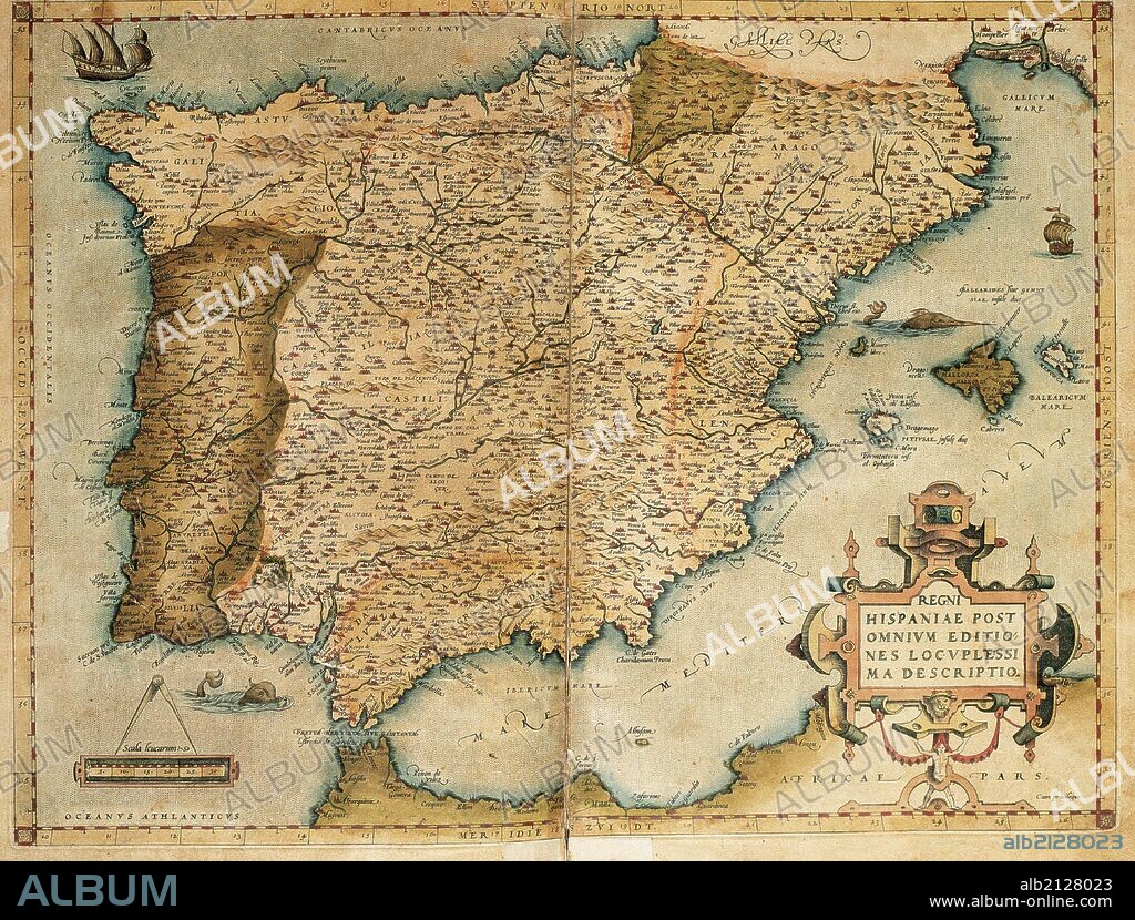 MAPA DE LA PENINSULA IBERICA (ESPAÑA, PORTUGAL Y BALEARES). Obra de Abraham ORTELIUS, editor del atlas "Teatrum Orbis Terrarum". Primera edición de Amberes del año 1574. Biblioteca de Cataluña. Barcelona. Cataluña.