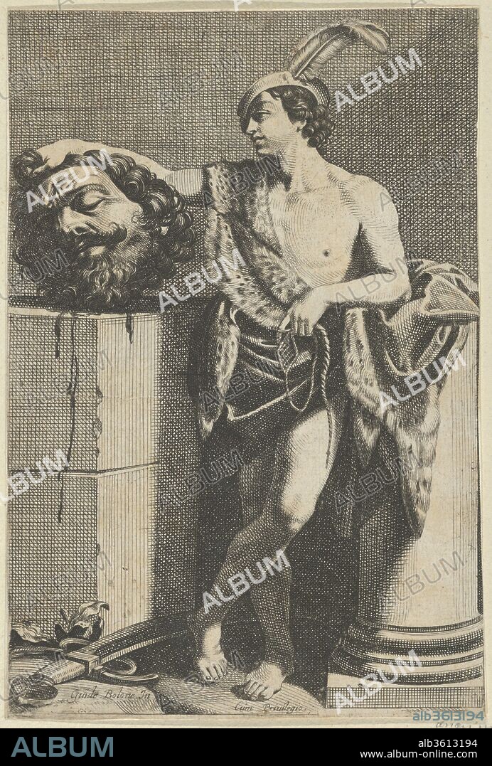ANONYME. David standing with crossed legs and holding the head of Goliath on a pedestal at left, a sword on the ground, after Reni. Artist: Anonymous; After Guido Reni (Italian, Bologna 1575-1642 Bologna). Dimensions: Sheet (Trimmed): 9 1/16 in. × 6 in. (23 × 15.2 cm). Date: 1600-1700.
After a painting by Reni. See 17.3.1013 for another impression of this print with complete inscription. Verso not visible as print is laid to another sheet of paper.