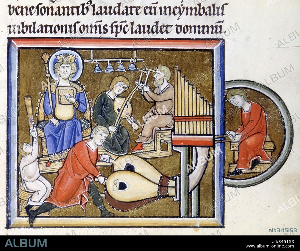 King David with psaltery tuba players organ timpani and cymbal from Beatae Elisabeth , Psalter Gothic , XIIIth century.