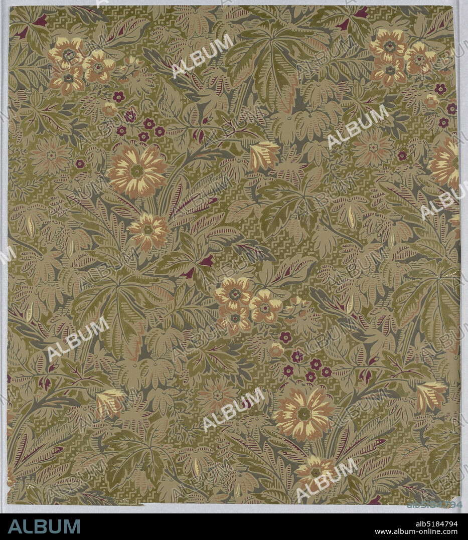Sidewall, Machine-printed paper, Aesthetic style design with dense all-over pattern of foliage with flowers; single-motif diamond-shaped repeat in off-set rows; negative space filled with zig-zag pattern; mixture of large orange-and-yellow flowers and smaller dark red flowers; use of red and blue hatched and solid blue and green shading; tan leaves and green ground, USA, ca. 1880, Wallcoverings, Sidewall.