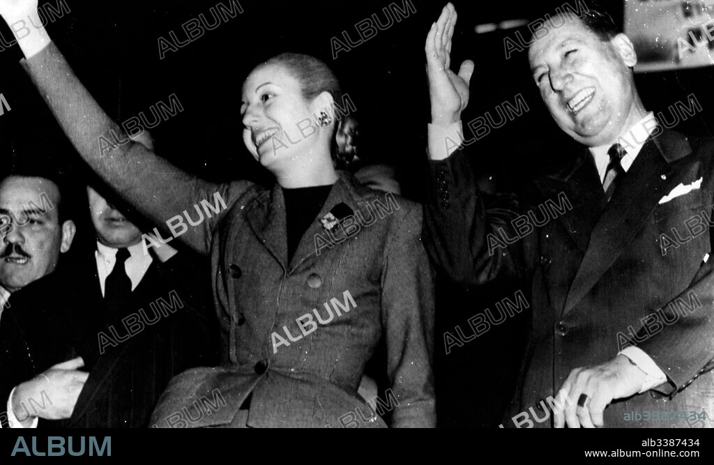 Juan Domingo Peron with his wife Evita Peron in 1951. Juan Peron (1895 - 1974) Argentine general and politician. He was elected President of Argentina, serving from 1946 to 1955 and from 1973 until his death in July 1974. (Evita Peron) Maria Eva Duarte de Peron 1919-1952), was the second wife of Argentine President Juan Peron and served as the First Lady of Argentina from 1946 until her death in 1952.