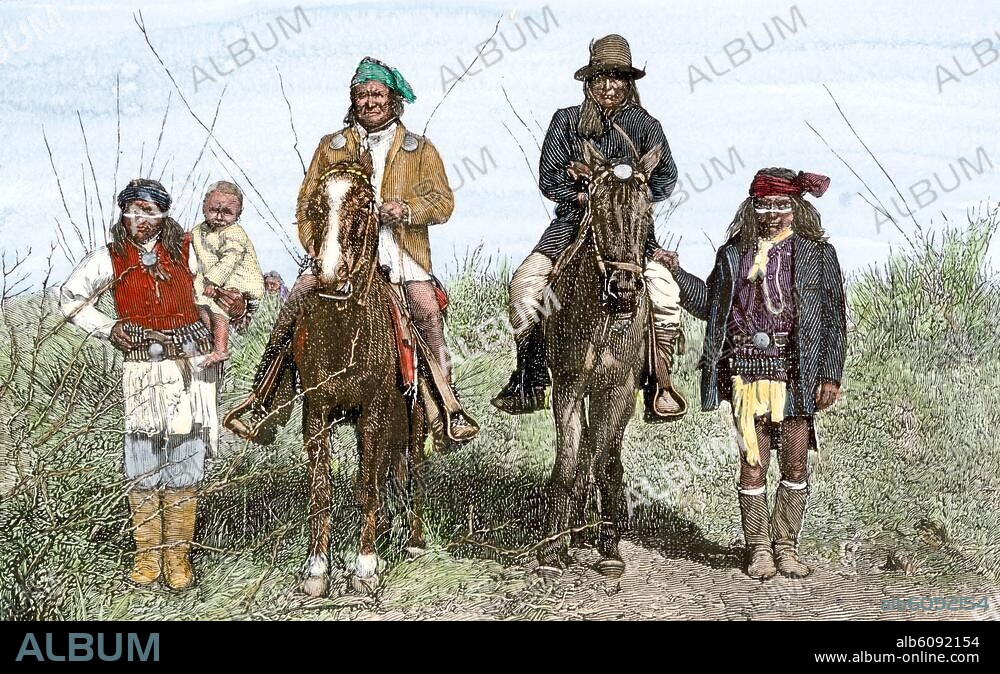 Geronimo and Natchez on horseback during the Apache Wars, 1886. Handcolored woodcut of a 19th century photograph.